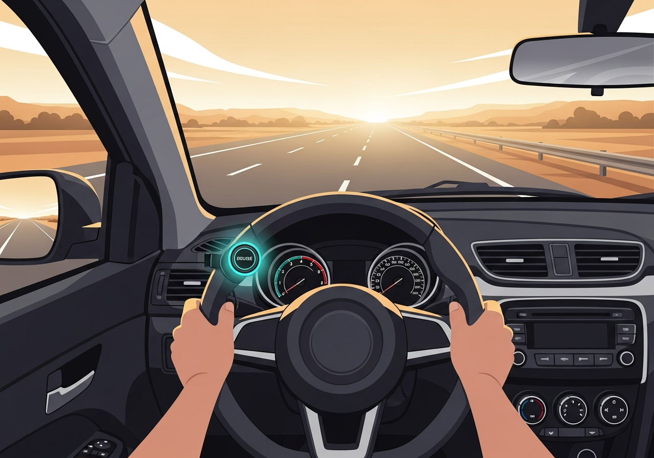 NexCruise dial mounted on steering wheel — Indian highway ahead